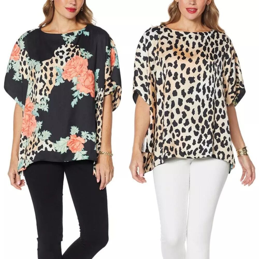 IMAN Nwt Reversible Global Chic Poncho Top XS/S Oversized Satin Fabric Cheetah